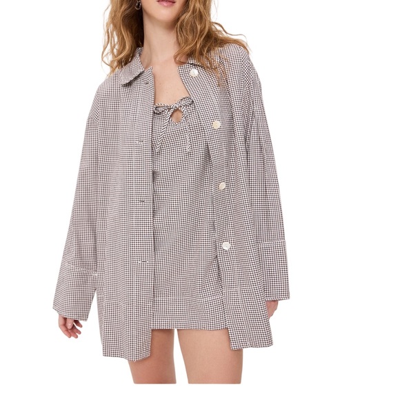 Free People Brown & White Cotton Checkered Arlo Mini Dress &  Shirt Set Med NWT - Picture 1 of 9
